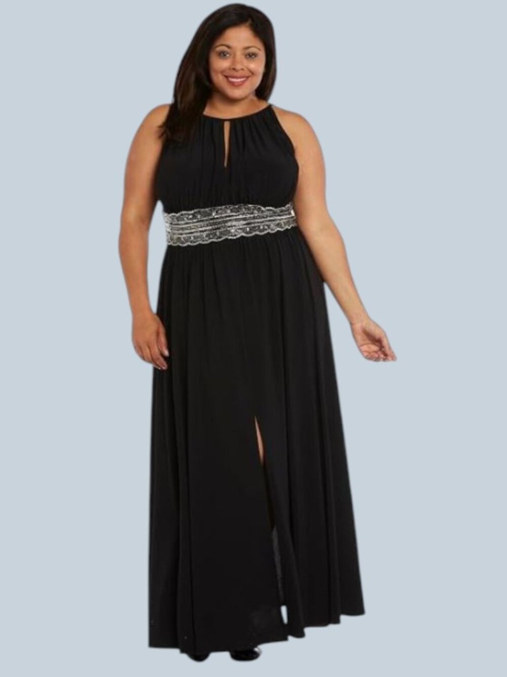 R&M Richards Women's Black Sleeveless Empire Beaded Waist Long Gown Plus 18W EUC